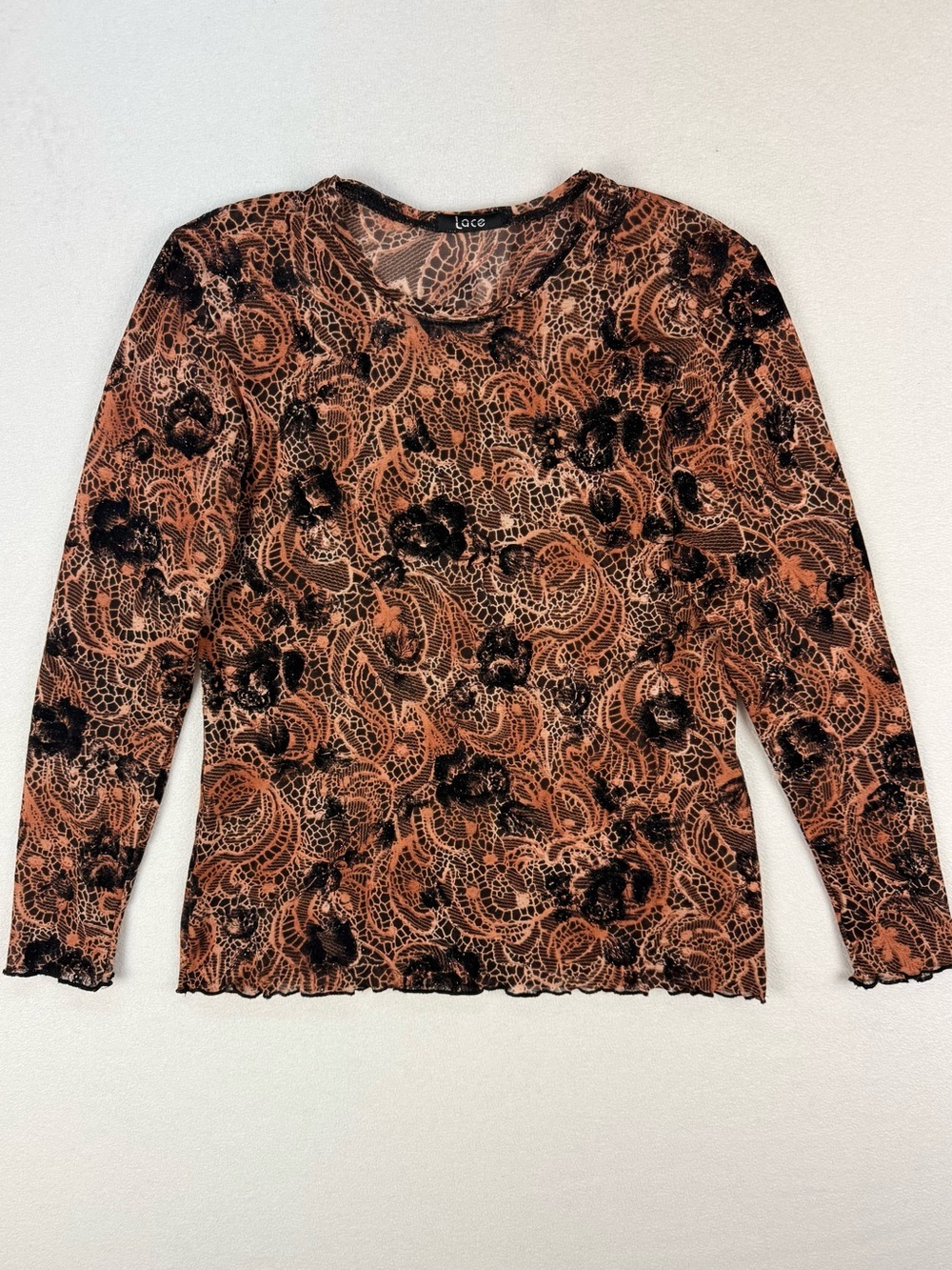 Y2K Mesh Floral Lace Print Top Semi Sheer 2000’s Fairy Grunge Goth Long Sleeve